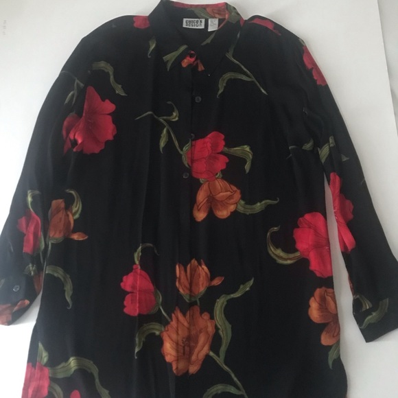 Chicos Design Silk Blouse Black Red Flowers Long Sheer Sz 2 - Picture 1 of 8